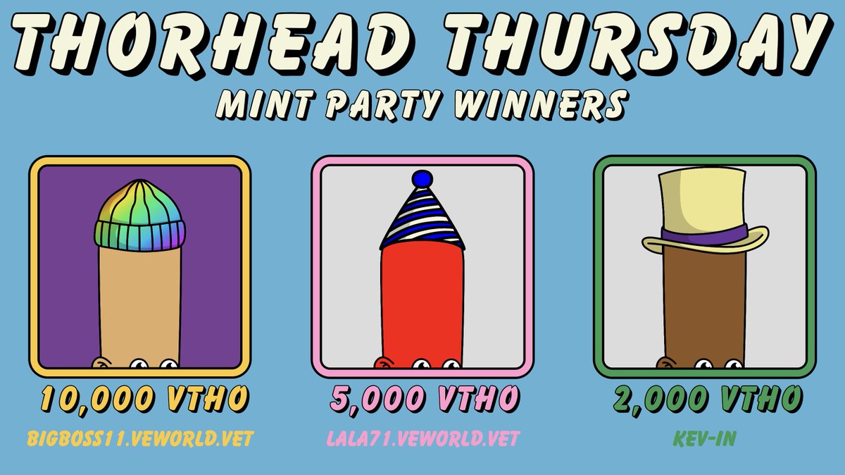 🎉 Thorhead Thursday Mint Party Winners 🎉

🥇 10,000 $vtho — bigboss11.veworld.vet
🥈 5,000 $vtho — <a href="/chadclala/">Lala71</a> 
🥉 2,000 $vtho — <a href="/KevinGreenCrypt/">Mr Kevin</a> 

🎲 Mints: 1,965
🎲 Remints: 519
🥩 Rewards: 49,125 $vtho

#Thorhead #VeChain #NFT