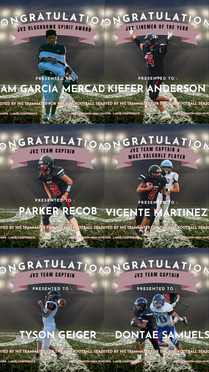 fortblackhawks's tweet photo. As the 2025 season wraps, our JV2 Blackhawks showed incredible growth, effort &amp; pride! 🖤❤️
🏆 Captains: Dontae Samuels, Tyson Geiger, Logan Recob, Vicente Martinez
💪 MVP: Vicente Martinez
🔥 Most Improved: Niko Torres
🛡️ Lineman: Kiefer Anderson
💯 Spirit: Liam Garcia Mercado https://t.co/GumI1ykn8c