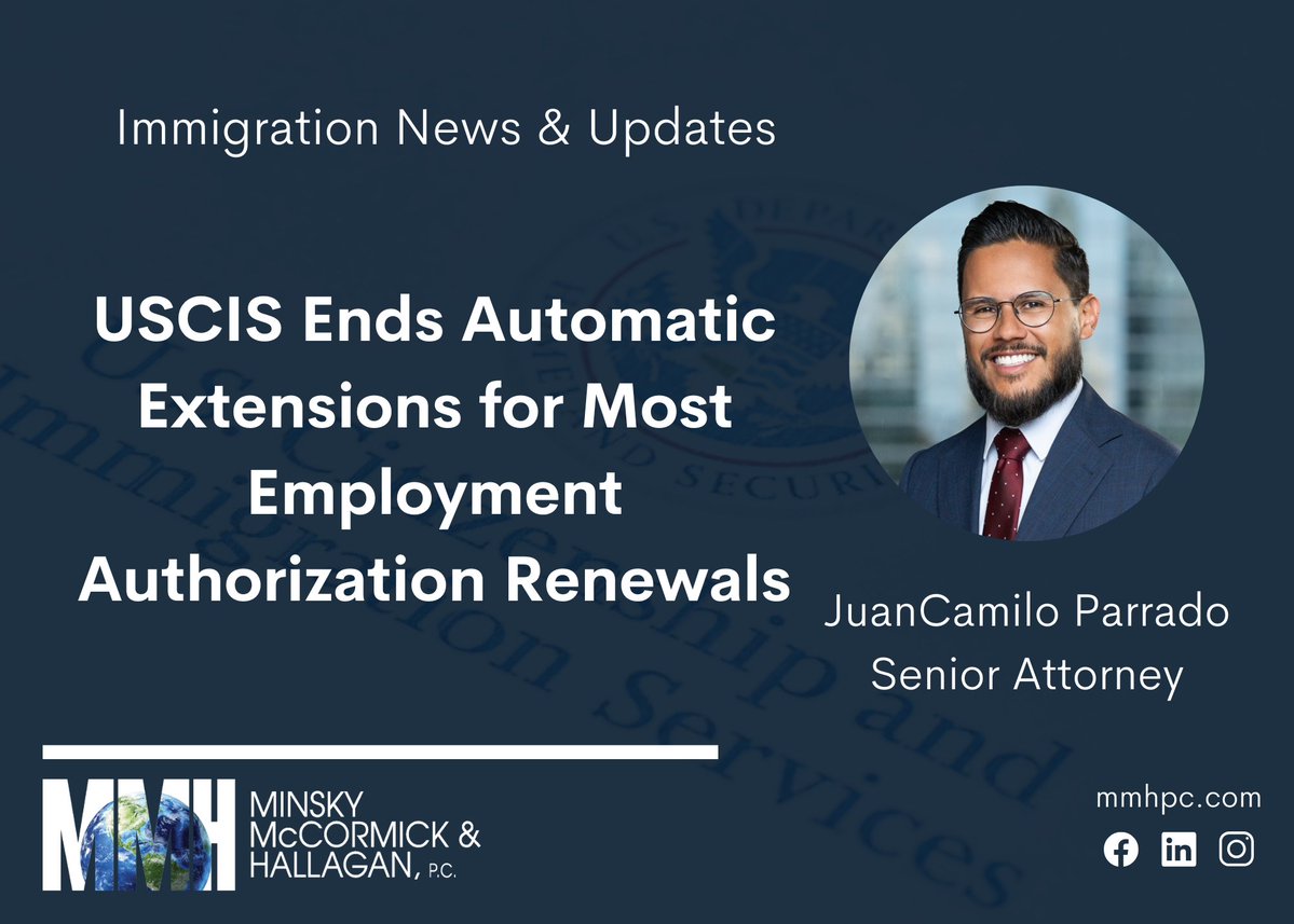 MMHPC's tweet image. Attorney JuanCamilo Parrado shares valuable updates on USCIS ending automatic extensions for most employment authorization renewals in our recent blog. Stay informed with our recent post.

#EAD #immigration #employmentauthorization

mmhpc.com/uscis-ends-aut…