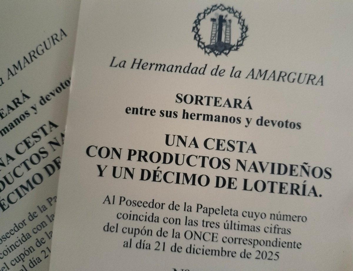 🎄 ¡SORTEO NAVIDEÑO! 🎁
Sorteo de una Cesta + Décimo de Lotería ✨
Incluye paletilla ibérica y productos para disfrutar en familia.
📅 Ganador según las 3 últimas cifras del cupón ONCE del 21/12/25
📍 Participa en la Capilla o con cualquier miembro de la Junta. ¡No te lo pierdas!