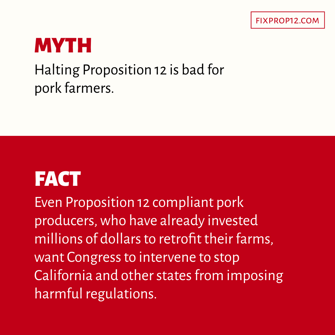 NPPC's tweet image. FACT: Even Prop. 12-compliant producers are asking Congress to #FixProp12. With a patchwork of regulations that drive up costs, disrupt supply chains, and put family farms at risk, no one wins. Learn more: fixprop12.com/wp-content/upl…. 
#FixProp12 #SaveFamilyFarms