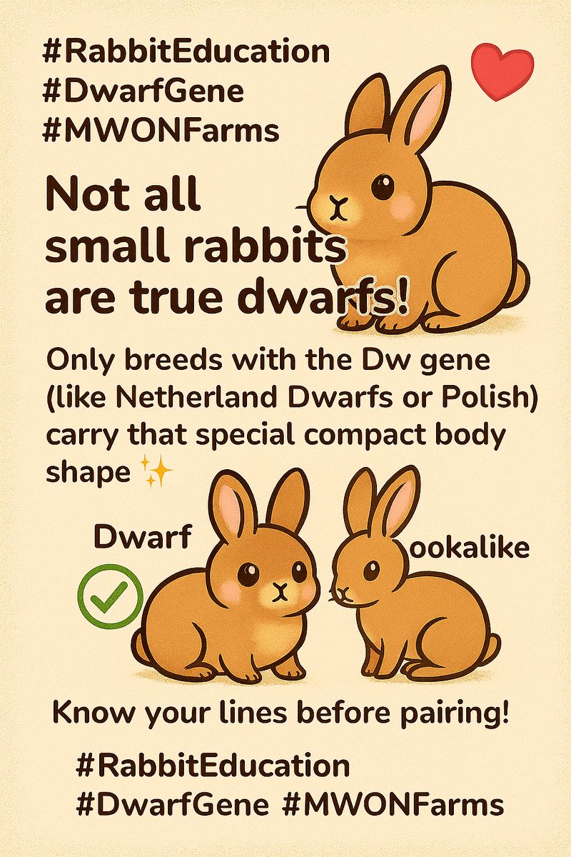 MwonFarms's tweet image. 📚🌾
The dwarf gene may be small, but its impact is huge!
It shapes a rabbit’s size, skull, and bone structure — and affects litter outcomes too.
Smart breeders plan, not guess. 😉
#RabbitGenetics #MWONFarms #FarmWisdom