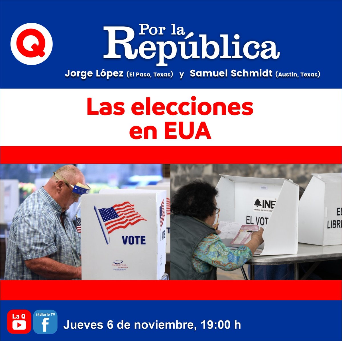Hoy jueves 6/nov 7:00 pm CST, 6:00 MST. Samuel nos explicará la importancia de las elecciones del martes pasado en EEUU.

Por YouTube:
youtube.com/watch?v=aQpsrg…
Por Facebook:
facebook.com/events/8663790…