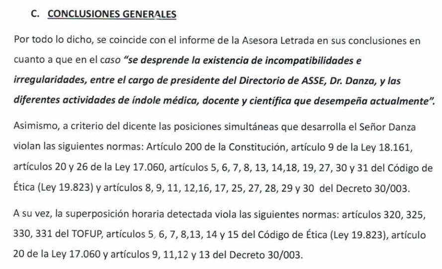 🔴Informe de JUTEP sobre situación de Danza: "No existe incompatibilidad entre el ejercicio de la presidencia de ASSE y el desempeño en cargos docentes de la Facultad de Medicina de la Universidad de la República, así como en funciones profesionales en las Instituciones de