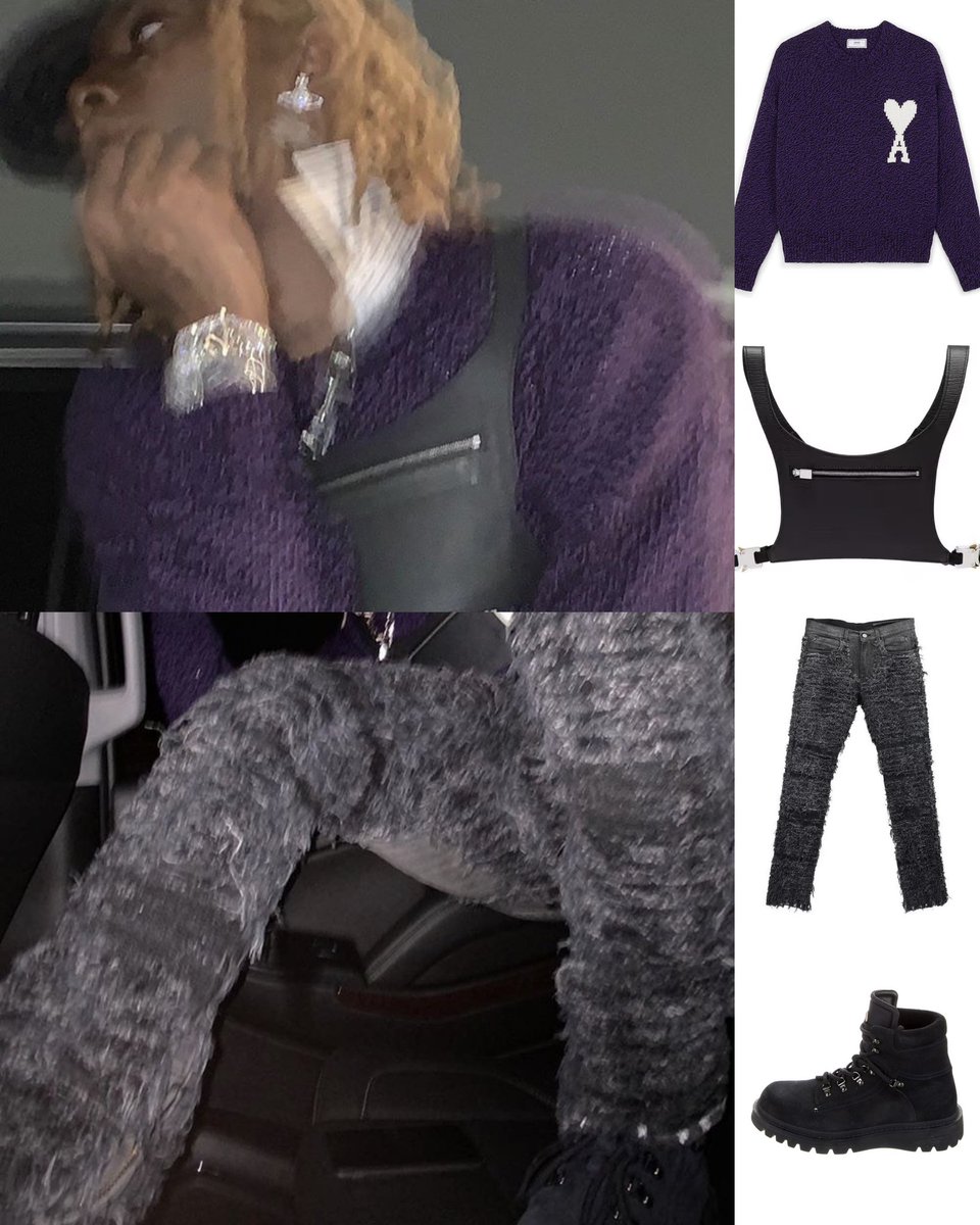 Playboi Carti wearing
AMI Logo Intarsia Cotton Wool Sweater
Alyx Harness Chest Bag
Alyx Blackmeans Denim
Moncler Egide Suede Hiking Boots

Pictures posted in his main instagram on Oct 30th 2019.
