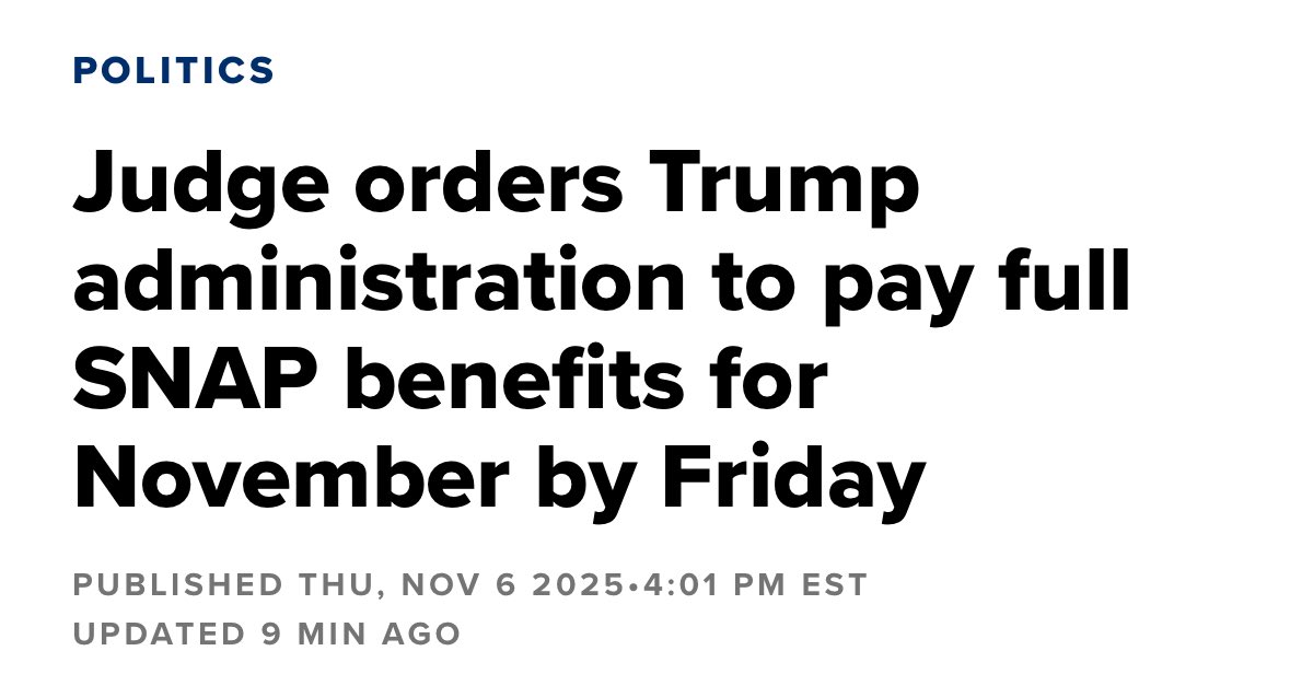 ChrisVanHollen's tweet image. 🚨A federal judge just ordered Trump to release FULL November SNAP payments. Once again: it should not take a judge's order to compel Trump to feed hungry Americans, but this news is a relief to families in need.

Trump must follow the law &amp;amp; join us to reopen the government NOW.…