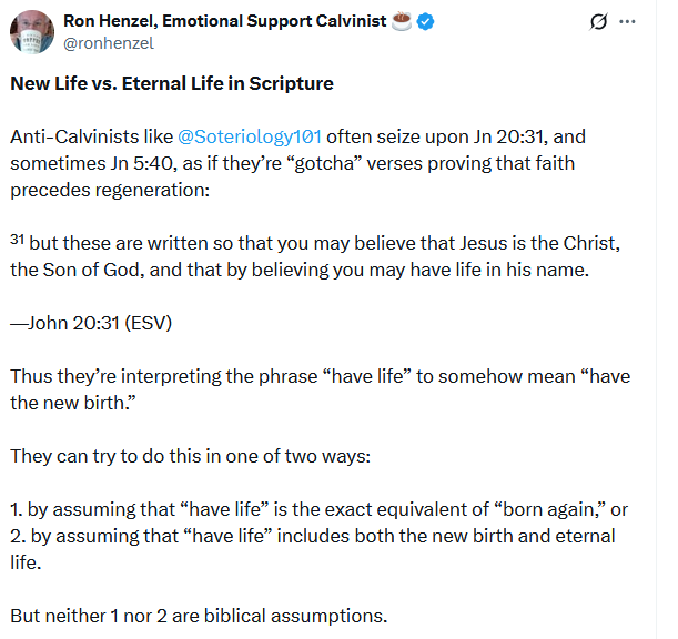 the_blind_guide's tweet image. Another example of Ron dividing concepts that the NT doesn&apos;t divide. Acting like there are differences between &quot;Life&quot; &quot;New Life&quot; &quot;Eternal Life&quot; etc in John&apos;s Gospel is completely unsustainable in the text, again his commitment to his theology necessitates misreading the text.