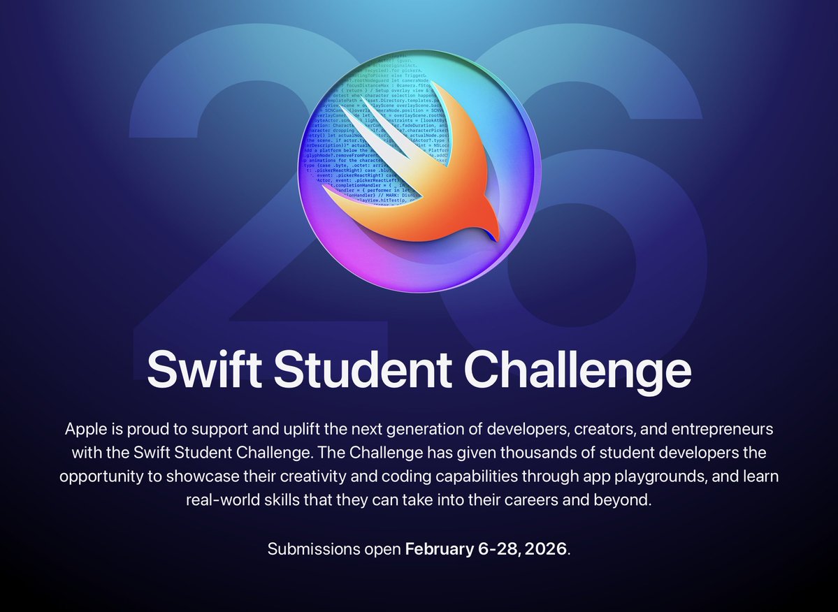 caioagralemos's tweet image. From Maceió to Apple Park, this challenge changed my life. Twice.

Swift Student Challenge 2026 is coming (Feb 6–28)!
It’s not just about code, it’s about creativity and turning ideas into experiences.
Can’t wait to see what you’ll build this year!

#SwiftStudentChallenge #WWDC26