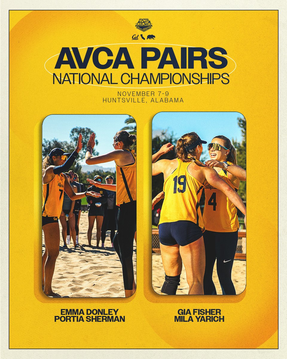 Can't wait to see 4⃣ of our Golden Bears do their thing this weekend at the <a href="/AVCAVolleyball/">AVCA</a> Pairs National Championships.

Our pairs kick it off Friday morning at 7:15 a.m. PT in Huntsville, Alabama!

HOMEPAGE: calbea.rs/4qLQRvr

#GoBears🐻| #BeachBears