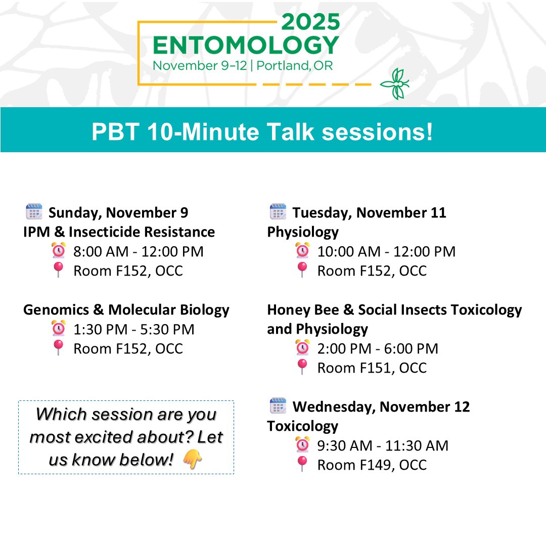 Join us for a series of exciting #ESAPBT 🐛🔬 10-minute Talk Sessions during the <a href="/EntsocAmerica/">Entomological Society of America</a>  Annual Meeting!

We look forward to seeing you there‼️

✨ #ESAPBT #EntSoc25 #Entomology

🗓️ Dates⏰ Times and📍 Locations are below 👇