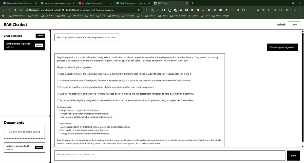 tej____18's tweet photo. 🚀 Just built an AI chatbot that lets you talk to your documents!

Upload PDFs/DOCX → Ask questions → Get smart answers

Built 100% on AWS serverless:
• Bedrock (Claude 3.5 + Titan)
• Lambda + DynamoDB
• Custom RAG pipeline

🧵 Thread on how it works 👇 https://t.co/GpSUBVNJpt