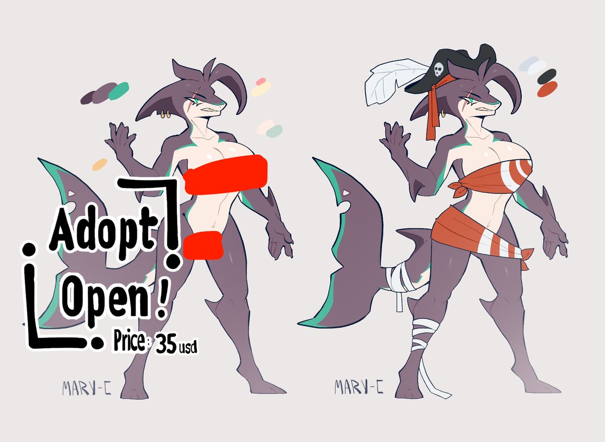 New adoptable! This time it's a shark girl in a pirate outfit! If you're interested, comment! The price is $35 USD, payment via PayPal. (If you pay an extra $10 USD, I'll make a flat-color drawing of her in the outfit of your choice! Sharing this post would help me a lot<3 #furry