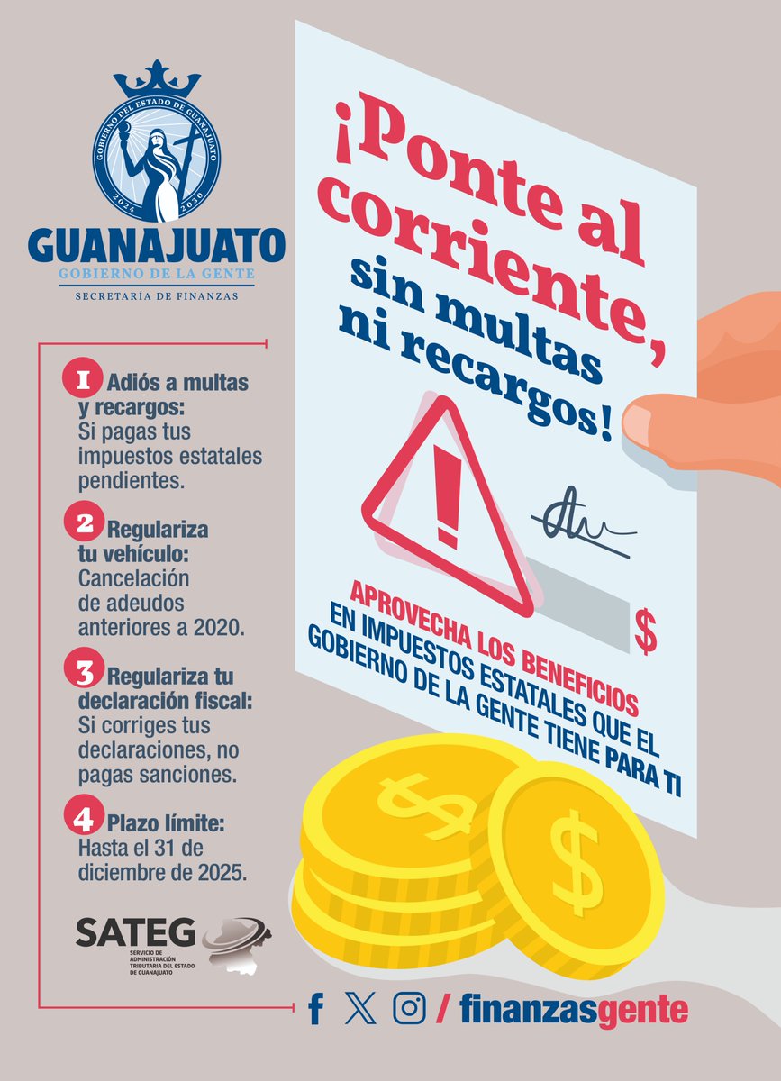 Cuidamos tu economía con estas 3 facilidades temporales. Dile adiós a esos adeudos antiguos en: 

🛻Refrendo vehicular 
 😉Impuestos estatales 
🍺Licencia de alcoholes  

¡Descuentos automáticos, sin trámites ni papeleos!
Haz tu cita en sateg.gob.mx/app/#
#GobiernoDeLaGente
