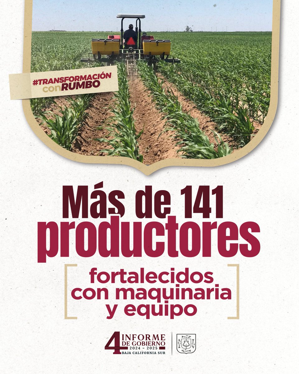 🚜🌾Con una inversión de más de 4 MDP en maquinaria, tractores y reparaciones, respaldamos a 141 productores para fortalecer el trabajo en el campo sudcaliforniano. #TransformaciónConRumbo

Seguimos transformando cada surco con esfuerzo y resultados.
#TransformaciònConRumbo