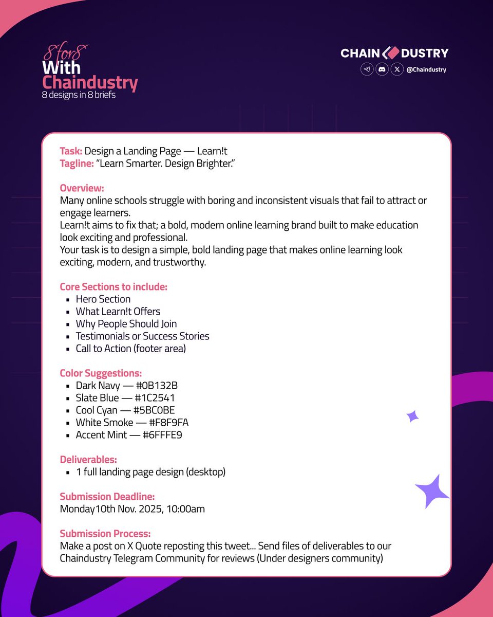 ChaindustryACD's tweet image. Brief 4 is here!

Make learning look as smart as it feels!

See brief in the flyers attached!

Quote this post with your submission 
Send design files of deliverables to our Telegram Community for reviews: t.me/chaindustry (In designers community)