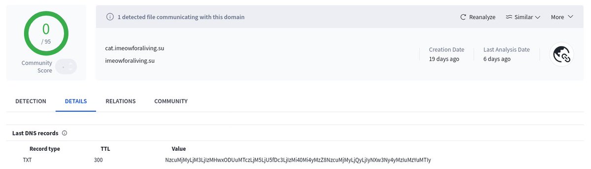 malwrhunterteam's tweet image. If you look at the TXT DNS record of the cat.imeowforaliving[.]su subdomain, you can find a base64 encoded string... when decoded, it gives some IP addresses...
🤷‍♂️
Also related string: &quot;I lick cats for a living&quot;.
😂