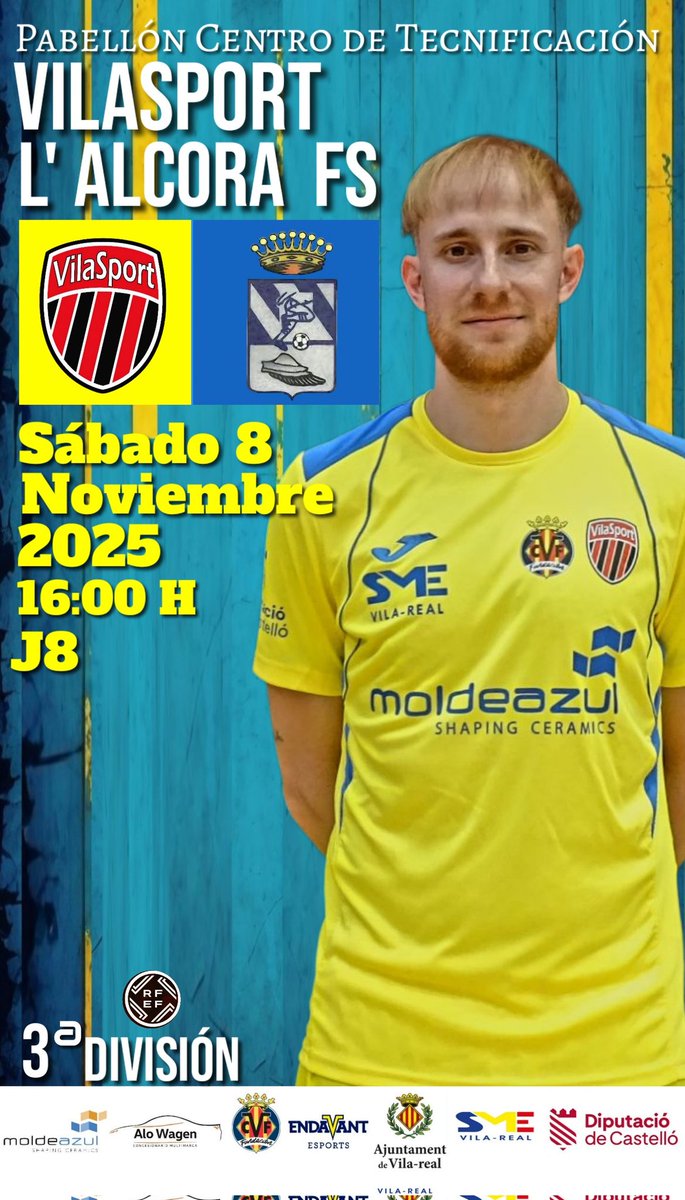 ⚽️ 𝗣𝗿𝗼́𝘅𝗶𝗺𝗼 𝗽𝗮𝗿𝘁𝗶𝗱𝗼

🏆  Tercera División Grupo 14
📌  Jornada 8
📅  Sábado 8 de Noviembre
⏰️ 16:00 horas 
📍  Pabellón Centro de Tecnificación
🆚️ L'Alcora FS

#EndavantEsports #SonVilaSports
<a href="/VillarrealCF/">Villarreal CF</a> <a href="/SMEVILAREAL/">SME Vila-real</a> <a href="/DipuEsport/">Castellón, Escenario Deportivo</a>