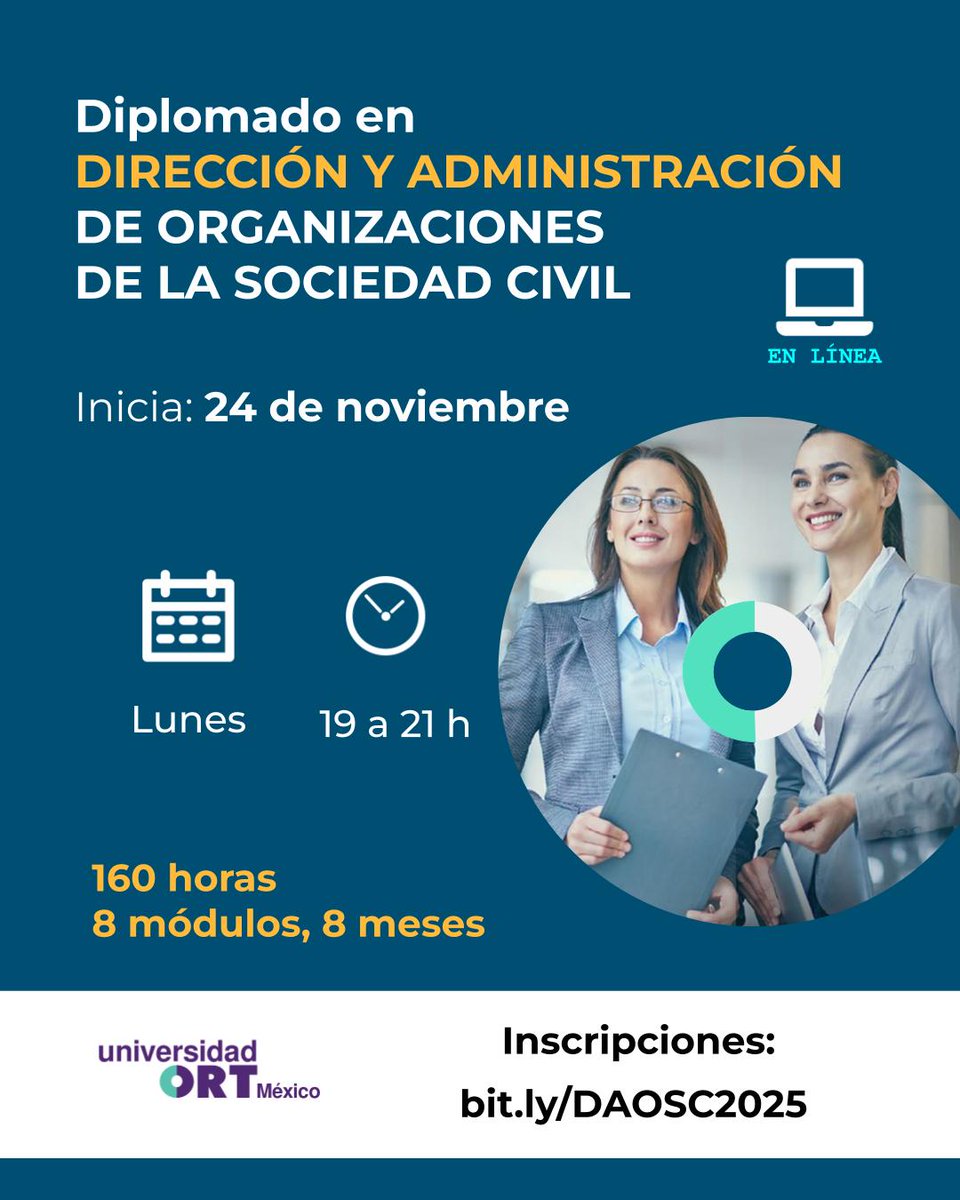 ¿Trabajas en una organización de la sociedad civil o deseas fortalecer tus capacidades para liderar proyectos sociales? Este programa está diseñado para ti.  

Diplomado en Dirección y Administración de OSC 
Inicio: 24 de noviembre
Más detalles: ort.edu.mx/p/daosc.html