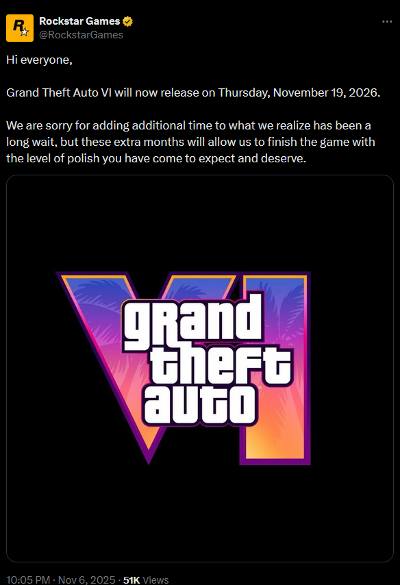 OhRiskTV's tweet image. 🚨BREAKING: GTA 6 DELAYED AGAIN🚨

ROCKSTAR GAMES RELEASED A TWEET STATING THE NEW RELEASE DATE

💎NOVEMBER 19TH, 2026💎

#GTA6 #gta #GTA5