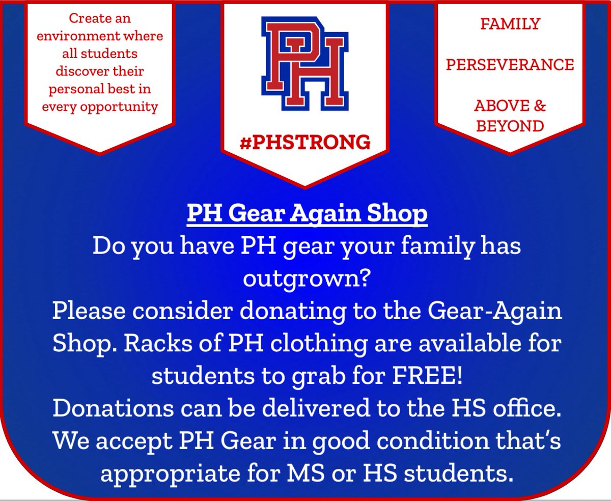 PHPatriotsHS's tweet image. If you have extra PH clothing hanging around your houses please consider bringing them in to the HS Office to donate to our Gear-Again shop! #PHStrong