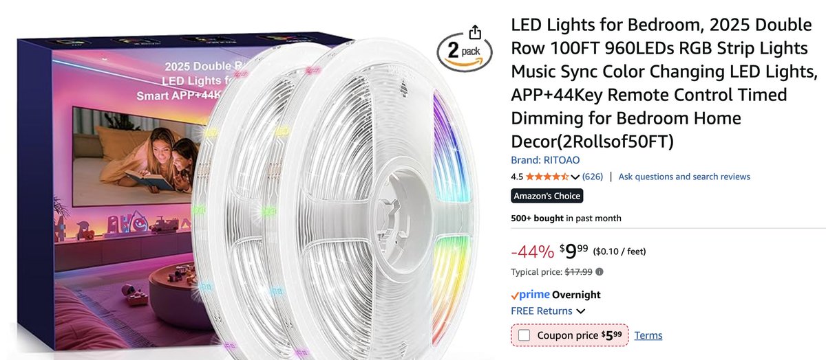 Pricerrors's tweet image. PROMO GLITCH? 

2 PACK of 100FT LED Lights for only $5 

Must clip coupon (Usually $20+) 

amzn.to/4oRLSYl