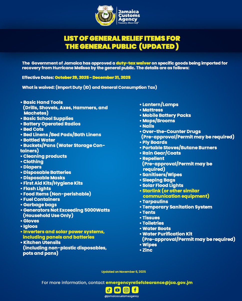 The GOJ has extended the duty &amp; tax waiver on hurricane relief items to Dec 31, 2025! 

Now includes Starlink &amp; similar comms equipment, plus inverters &amp; solar systems, helping Jamaicans stay connected &amp; powered during recovery.