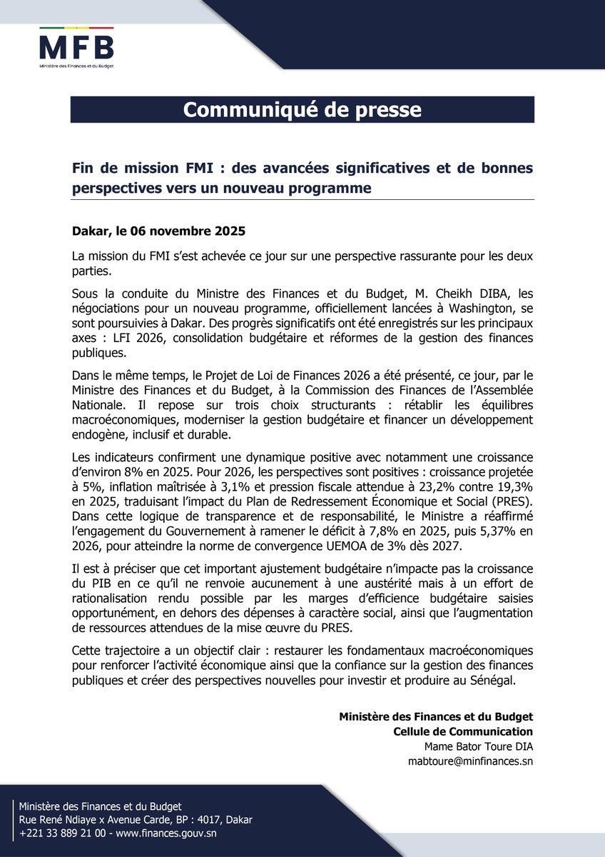 mfb_sn's tweet image. Communiqué
-------------------------
Fin de mission FMI : des avancées significatives et de bonnes perspectives vers un nouveau programme

Lien du communiqué du FMI : imf.org/fr/News/Articl…

#FMI #mfbsn #MinFinances