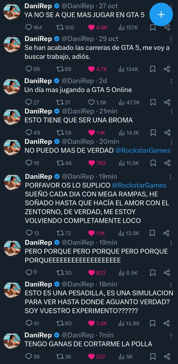 Cronica de una persona descendiendo a la locura:

<a href="/DaniRep/">DaniRep</a>  <a href="/RockstarGames/">Rockstar Games</a>  #GTA6 #GTAVI