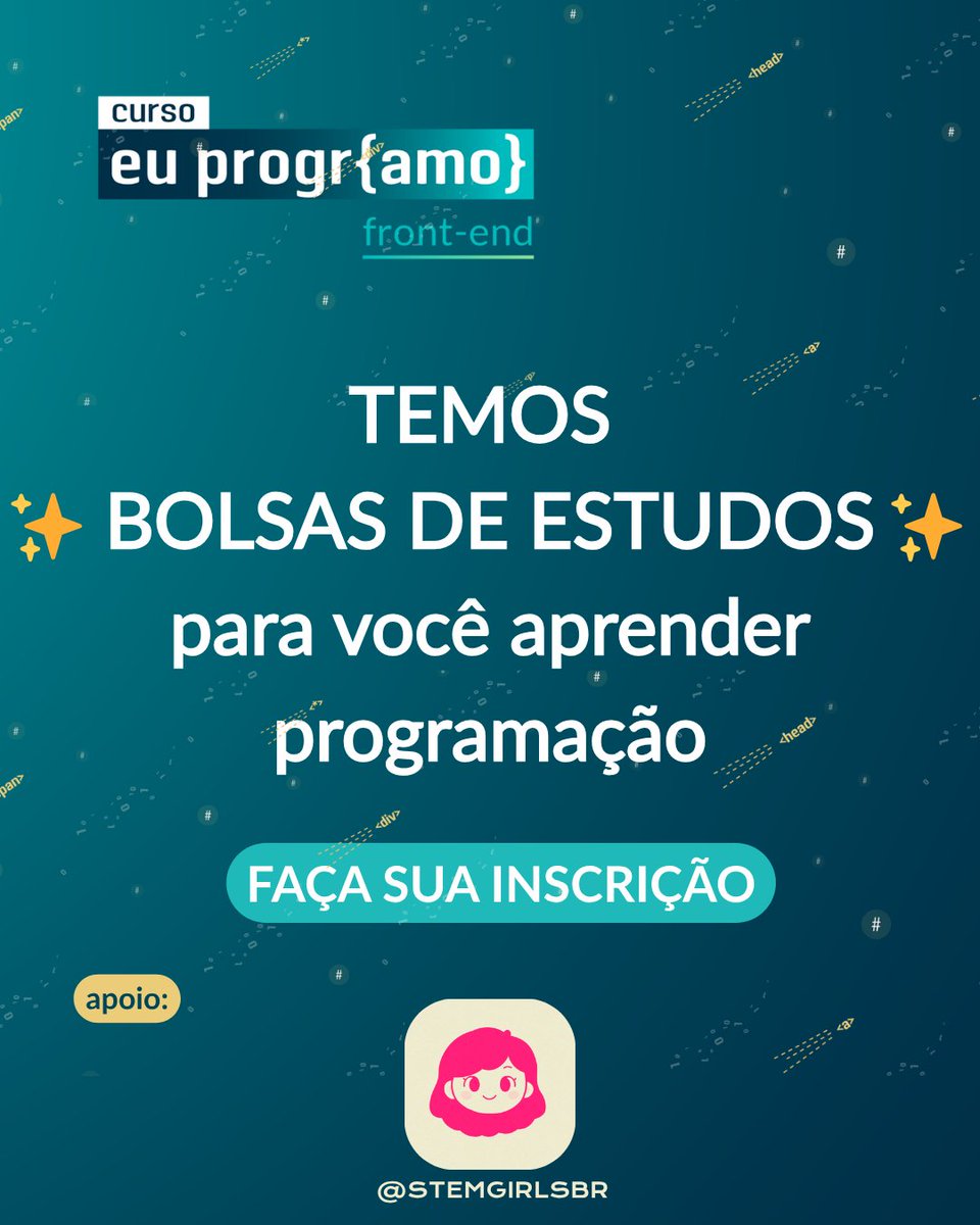 🚀💜 Vem aí uma oportunidade incrível com a <a href="/programaria/">PrograMaria</a>!

30 bolsas exclusivas pra comunidade Stem Girls no curso Front-End: Minha Primeira Página Web 👩‍💻

Aprenda HTML, CSS e JS e crie seu 1º projeto pro portfólio!

🔗 Saiba mais: discord.gg/stemgirls
#STEM  #bolhatechgirl
