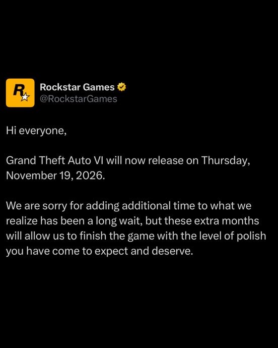 Ahora informan que #GTAVI se ha retrasado de nuevo.

Ahora se estrenará el 19 de noviembre de 2026.