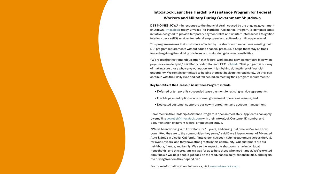 Intoxalock's tweet image. In response to the government shutdown, we&apos;re offering temporary payment relief to IID customers affected by delayed pay. Stay compliant, stress less. To apply: Email govrelief@intoxalock.com with your Customer ID. Full press release: bit.ly/3Jo1JPz.