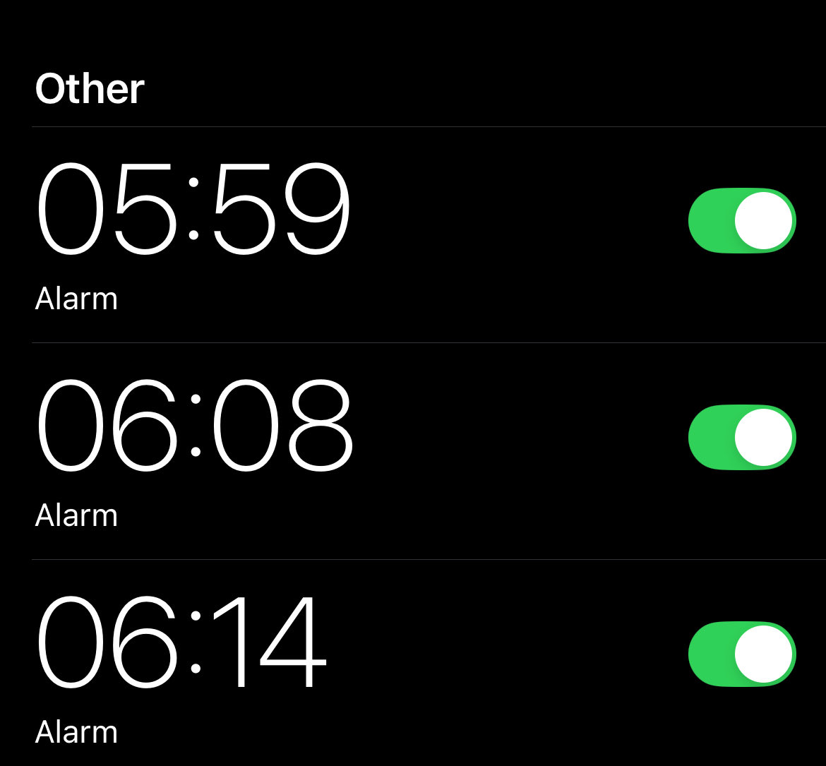 Does anyone else set their alarms on slightly-off times because 6:00 and 6:15 look late but 5:59 and 6:14 look like i have way more time or do i have a special type of ocd