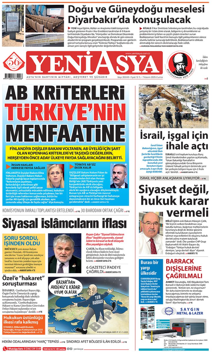 7 Kasım 2025 Yeni Asya 1. Sayfa yeniasya.com.tr/e-gazete/