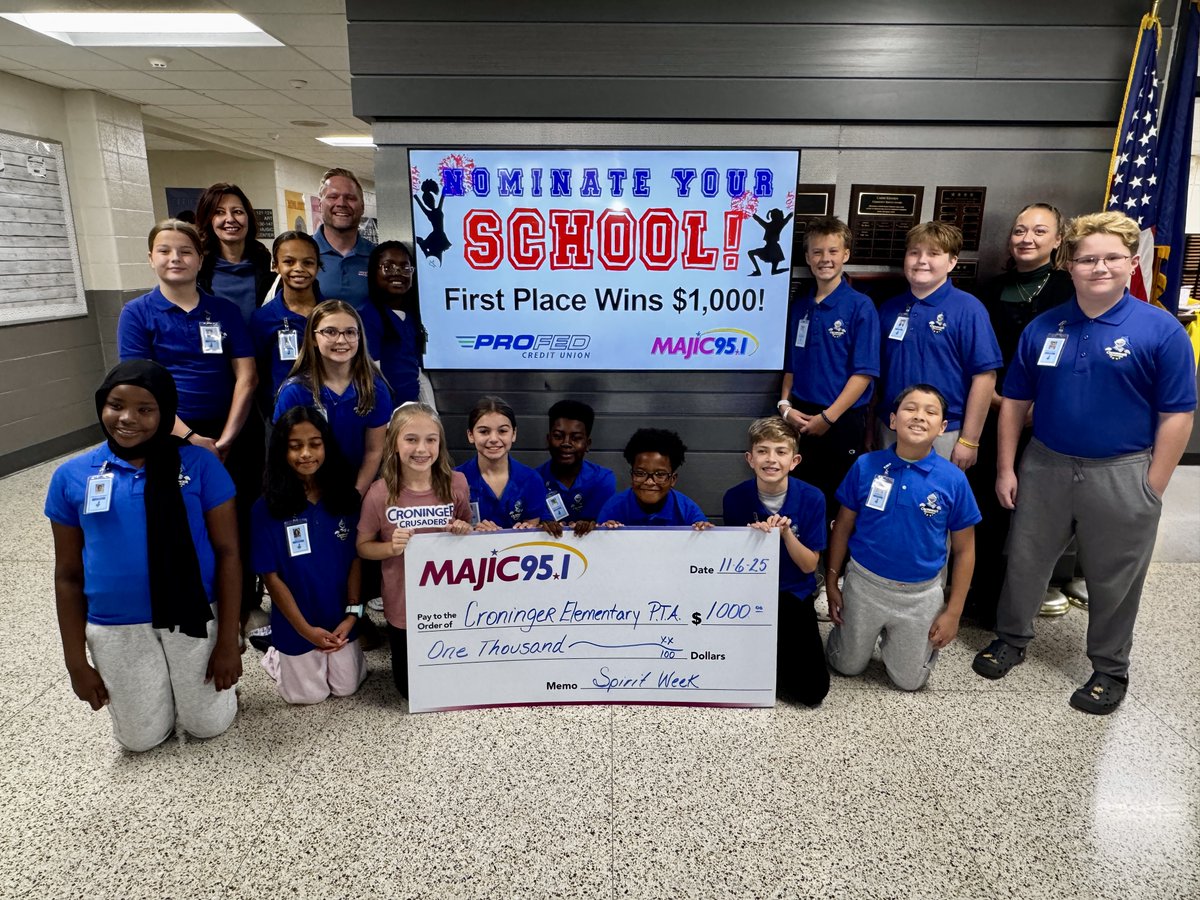 FWCommSchools's tweet photo. #Croninger Elementary showed its amazing #schoolspirit & WON the @majic951 School Spirit Contest, sponsored by @profedcu. Thanks to our incredible community, Croninger received $1,000 to go towards new furniture in the Communication & Art rooms. #ItStartsWithYourSchools https://t.co/limRV00fmE