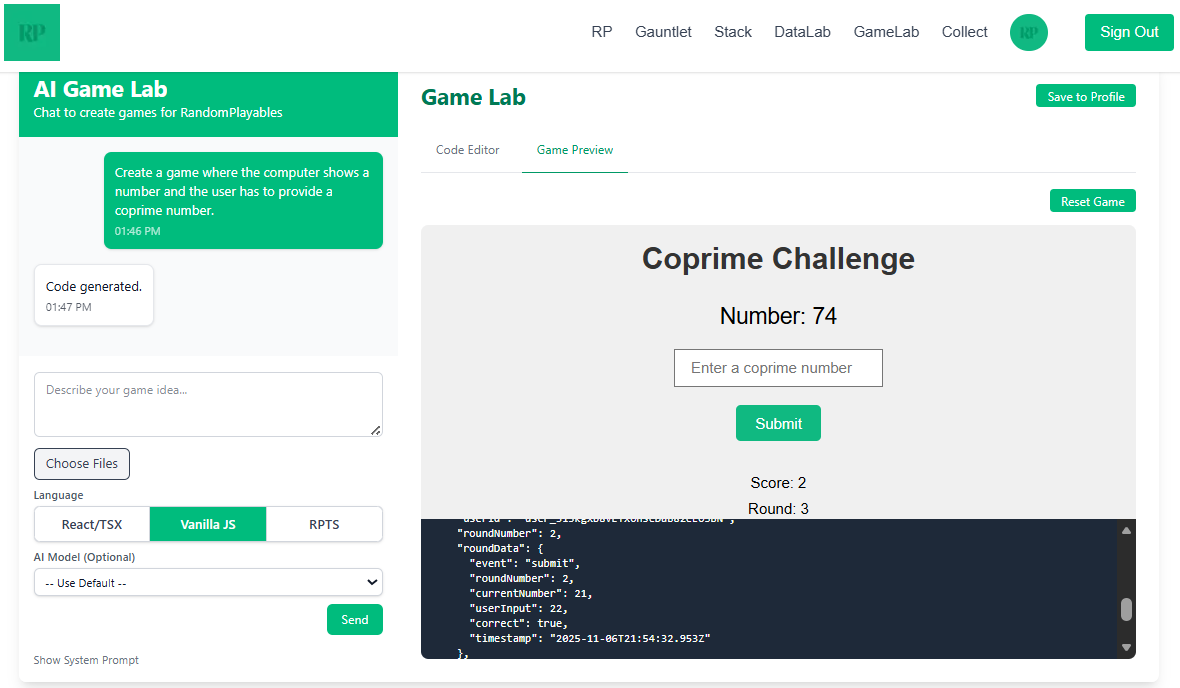 randomplayables's tweet photo. The Random Playables GameLab is still a work in progress. It is designed to create #math based #citizescience games.

Use RPTS to create a full game for the main platform.

Use the other language to create simpler sketches that you can save to your public user profile.

#AI

1/2 https://t.co/levcr0DKjF