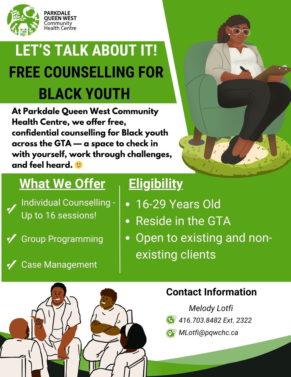 🖤 We offer free, confidential counselling for Black youth (16–29) in the GTA. 
Open to existing &amp; new clients.
Contact Melody Lotfi:
MLotfi@pqwchc.ca | 416-703-8482 ext. 2322

pqwchc.org/programs-servi…

#BlackYouthWellness #MentalHealthMatters #PQWCHC