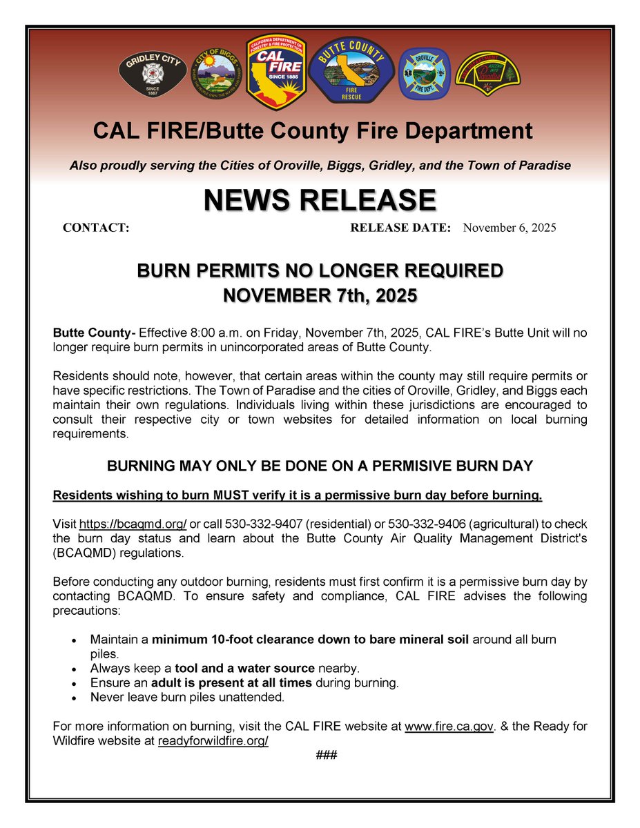 Burn Permits will no longer be required starting tomorrow, 11/7. See News Release for details.