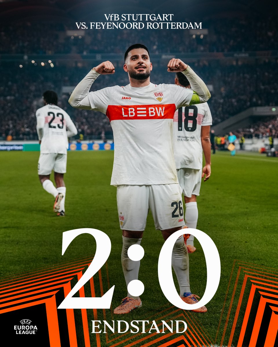 Das war's und wir schlagen Feyenoord Rotterdam mit 2:0!
Mit einer am Ende starken Leistung holen wir den zweiten Sieg in der UEFA Europa League-Ligaphase durch Tore von Bilal #ElKhannouss (85.) und Deniz #Undav (90.)!
Stark, Jungs!

#VfB | #VfB1893 | #StuttgartInternational |