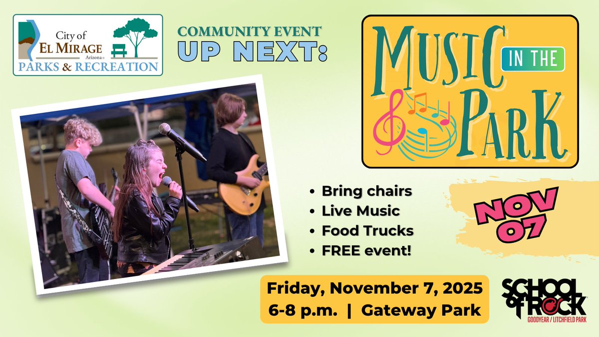🎷🎸🎹  Ready to rock?‼️ Music in the Park is back Friday, Nov. 7, 6 - 8 pm at GATEWAY Park. 🌳 Grab your lawn chair or blanket and enjoy the local talents of School of Rock (Goodyear/Litchfield Park)  🌮 Food trucks will be there, so dinner is served! 🎵 elmirageaz.gov/672/Community-…
