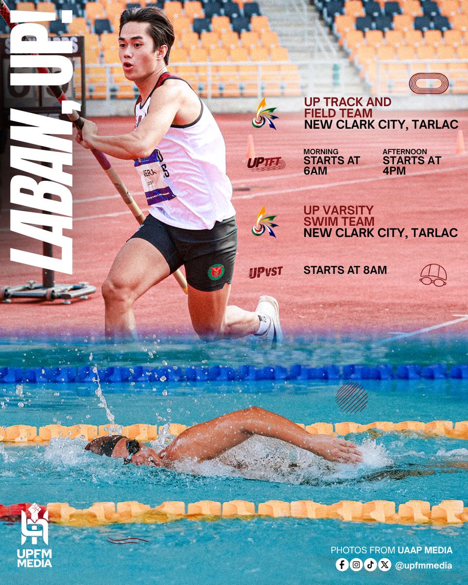 upfmmedia's tweet photo. GAMEDAY 🏃🏊

Cheer on the @UPTFT and @up_swim for the 2nd day of the #UAAPSeason88 Athletics Tournament and Swimming Tournament still at the New Clark City, Tarlac 💚❤️ Laban, UP! 

#UPFight✊🏼 #StrongerWithAllSports💪🏼 #UPTFT #UPVST https://t.co/cAzaNsE8rE