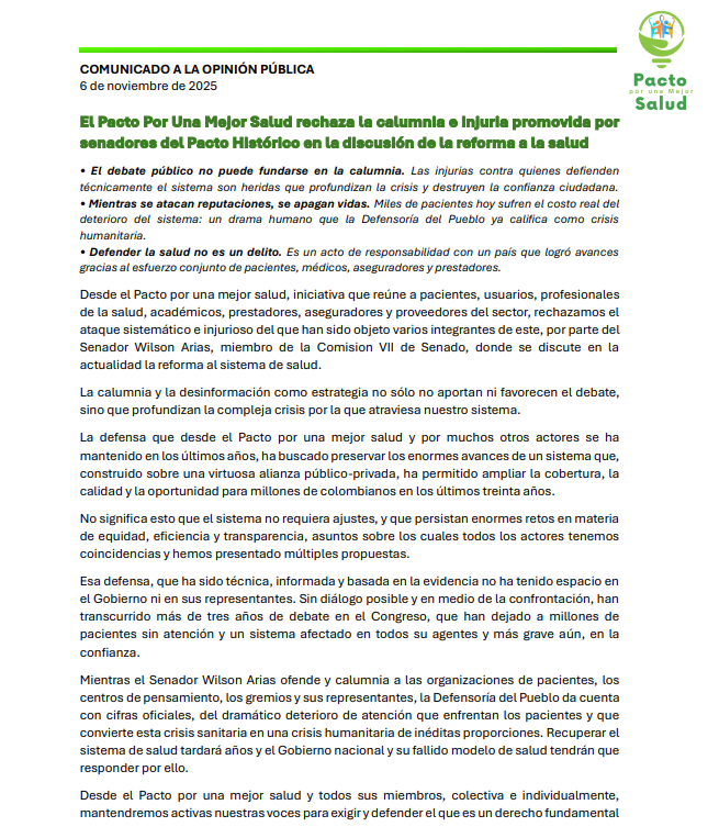 PactoMejorSalud's tweet photo. Desde el #PactoPorUnaMejorSalud rechazamos las calumnias e injurias promovidas por senadores del Pacto Histórico en el marco de la discusión de la reforma a la salud. Defender la salud no es un delito

 #ReformaASalud #DerechoALaSalud https://t.co/hKThNX2lYf
