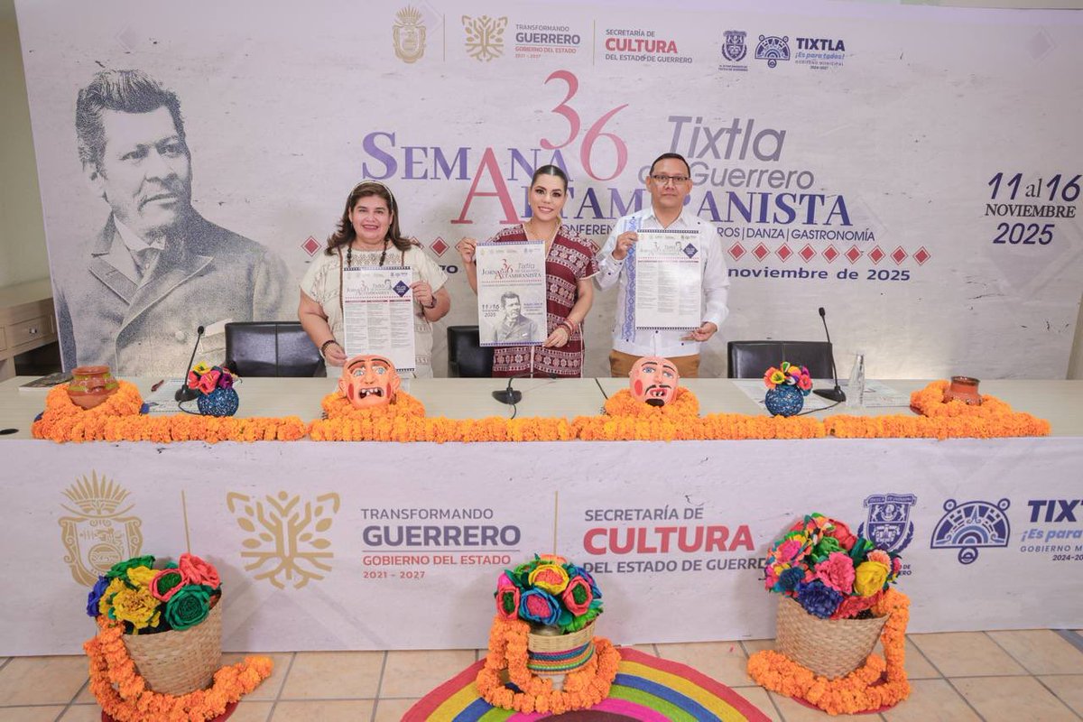 EvelynSalgadoP's tweet photo. Anunciamos con emoción la 36ª Semana Altamiranista en #Tixtla, celebración que honra la vida y el legado de Ignacio Manuel Altamirano, uno de los más grandes hijos de Guerrero y de México. 🇲🇽✨

Del 11 al 16 de noviembre, la Plaza Cívica Ignacio Manuel Altamirano será sede de actividades académicas, culturales y artísticas. Familias locales y de visitantes podrán disfrutar de conferencias, presentaciones de libros y de danza, gastronomía y conciertos de artistas como Grupo Palomo, Palma de Coco, Armonía y Los Yonic’s. 🎶📚