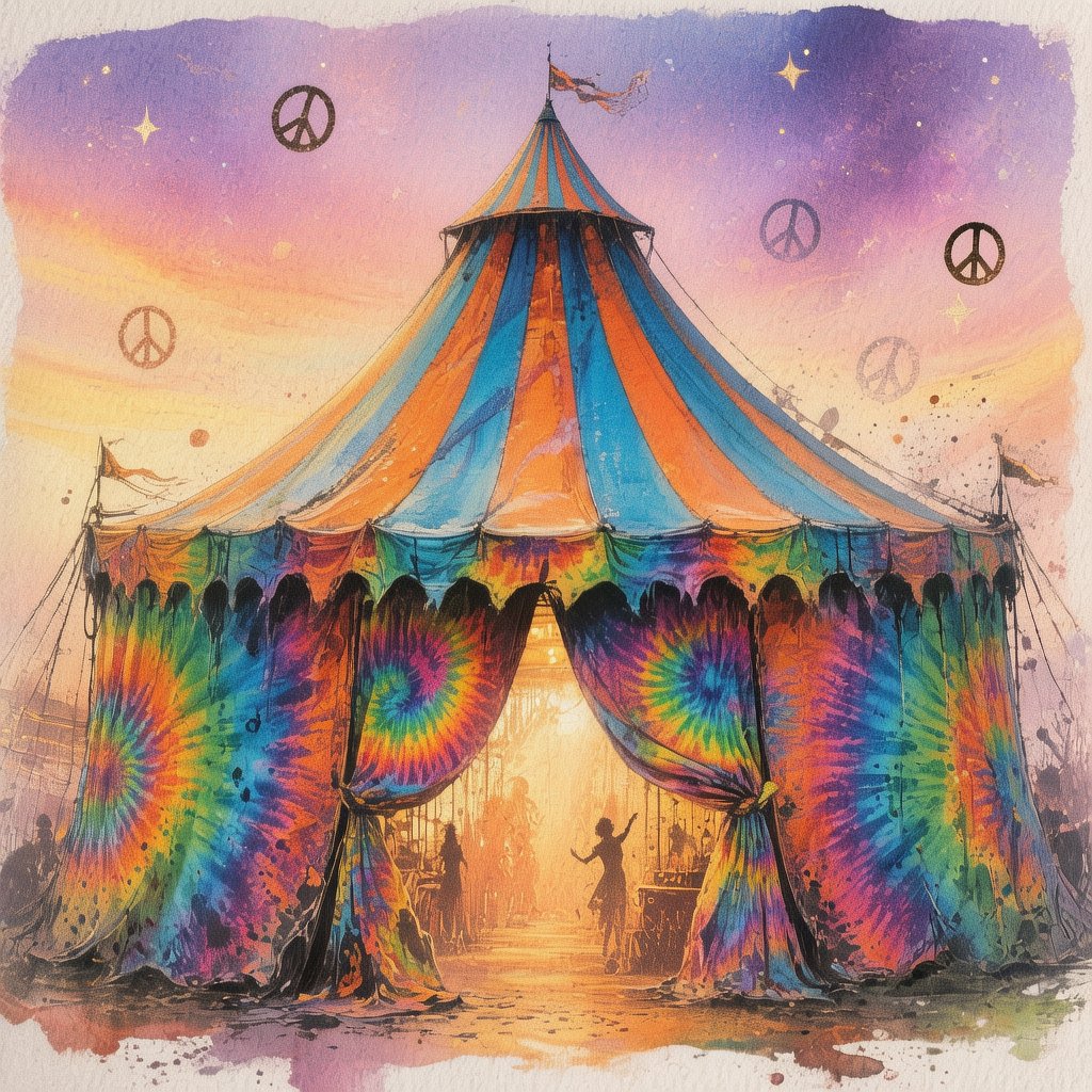 w3ll0fwyrd's tweet image. Groovy circus tent in ink and watercolor.
#AIart #AIillustration