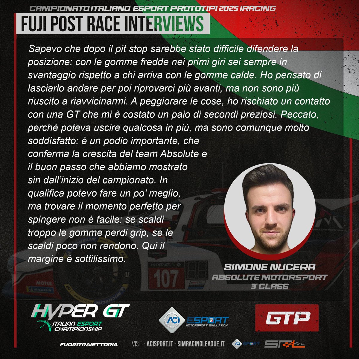 SimRacingLG's tweet photo. 🎙 Doppietta Mivano Corse al Fuji!
Lo Faro domina con classe davanti a Barilaro, Nucera completa il podio per Absolute Motorsport Acelith.
Gestione, ritmo e strategia: la GTP ha regalato spettacolo.
#HyperGT #SimRacing #ACIESport @ACI_Sport @FTraiettoria @iRacing https://t.co/eDiLrtoggP