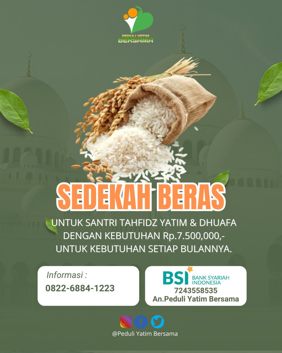Bismillah...
Yuk sahabat sedekah beras untuk kebutuhan pangan adik-adik santri di pesantren <a href="/PeduliYatimBrsm/">Peduli Yatim Bersama</a> semoga kelak akan menjadi Jariyah di setiap bulir nasi yang mereka makan, Aamiin Allahhumma Aamiin 🤲🏻🤲🏻😊
#JumatBerkah