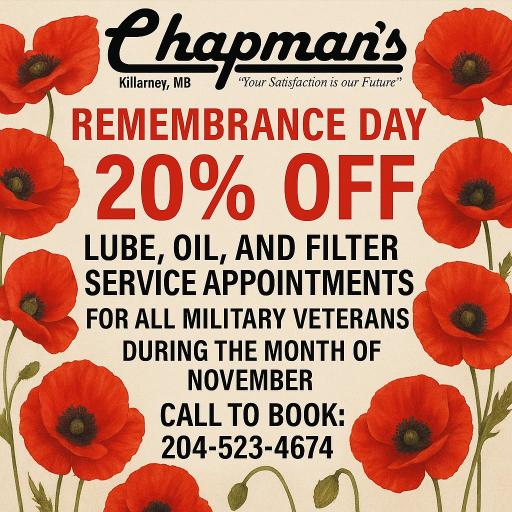 In honour of Remembrance Day we have a special offer for our military veterans!

Get 20% off all Lube, Oil, and Filter service appointments booked in November 👨‍🔧

Hit the link to book your appointment ⬇

chapmanmotorsgm.ca/service/appoin…