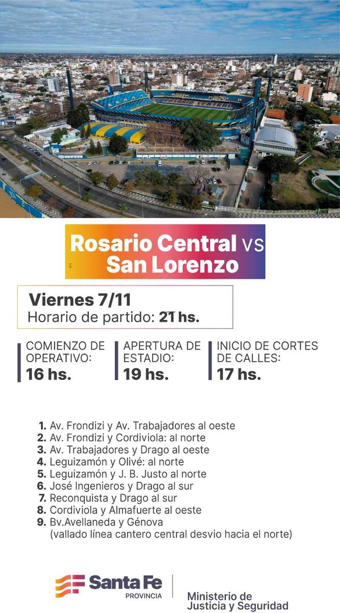 Los cortes 🚧 para el partido ⚽️ del día Viernes 07/11 entre <a href="/RosarioCentral/">Rosario Central</a> y <a href="/SanLorenzo/">San Lorenzo</a> , ya se encuentran programados en la app <a href="/waze/">waze</a> <a href="/WazeArg/">Comunidad Waze Argentina</a> 

+Info👉🏼 waze.com/es-419/events/…
