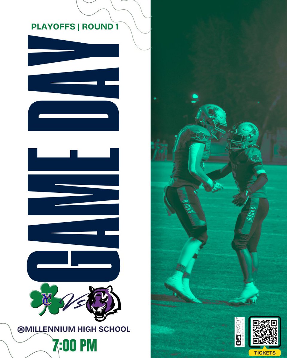 Ready for playoff football? 🏈 YC Shamrocks hit the road to face the Millennium Tigers in Round 1 of the 2025 AIA 5A State Championship — Friday, Nov 7 at 7:00 PM.
Get your tickets on GoFan —gofan.co/event/5248375
Let’s show our Shamrock pride!  #YumaCatholic #ShamrockNation