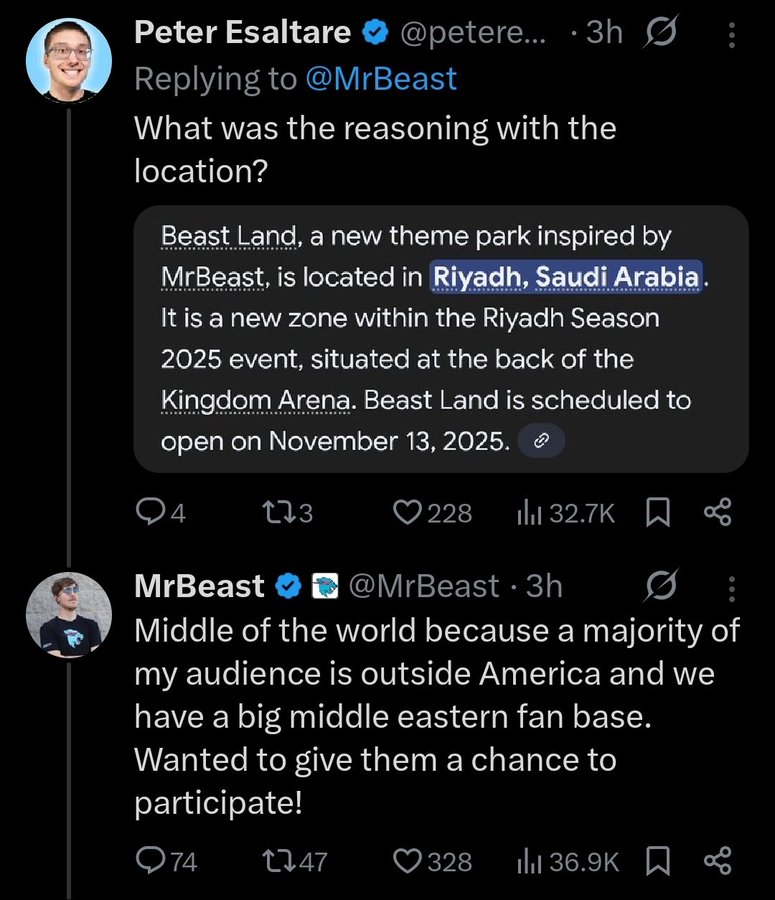 DewEnjoyer's tweet photo. Mr Beast would get more backlash if he put Beast Land in Israel, but since it's Saudi Arabia it's whatever I guess

He'd put his park directly in Tel Aviv if the Israeli government paid him enough, he doesn't seem to care how much blood is on their hands https://t.co/5iCnuxVqsI