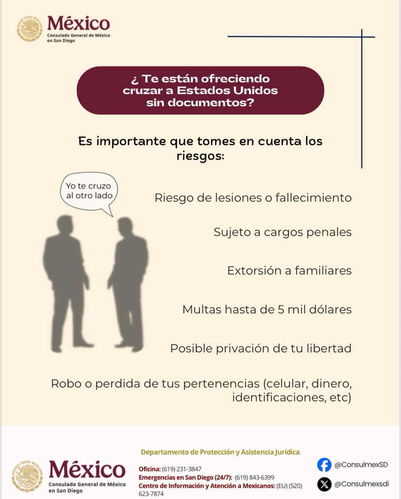 ¿Te han ofrecido cruzar a 🇺🇸 sin documentos?
Antes de tomar una decisión, piensa en tu seguridad y en tu futuro. 
🚨Cruzar de manera irregular puede ponerte en grave peligro
🚨Puedes enfrentar cargos penales y multas de hasta USD $5,000
🚨Ser víctima de extorsión o perder la vida